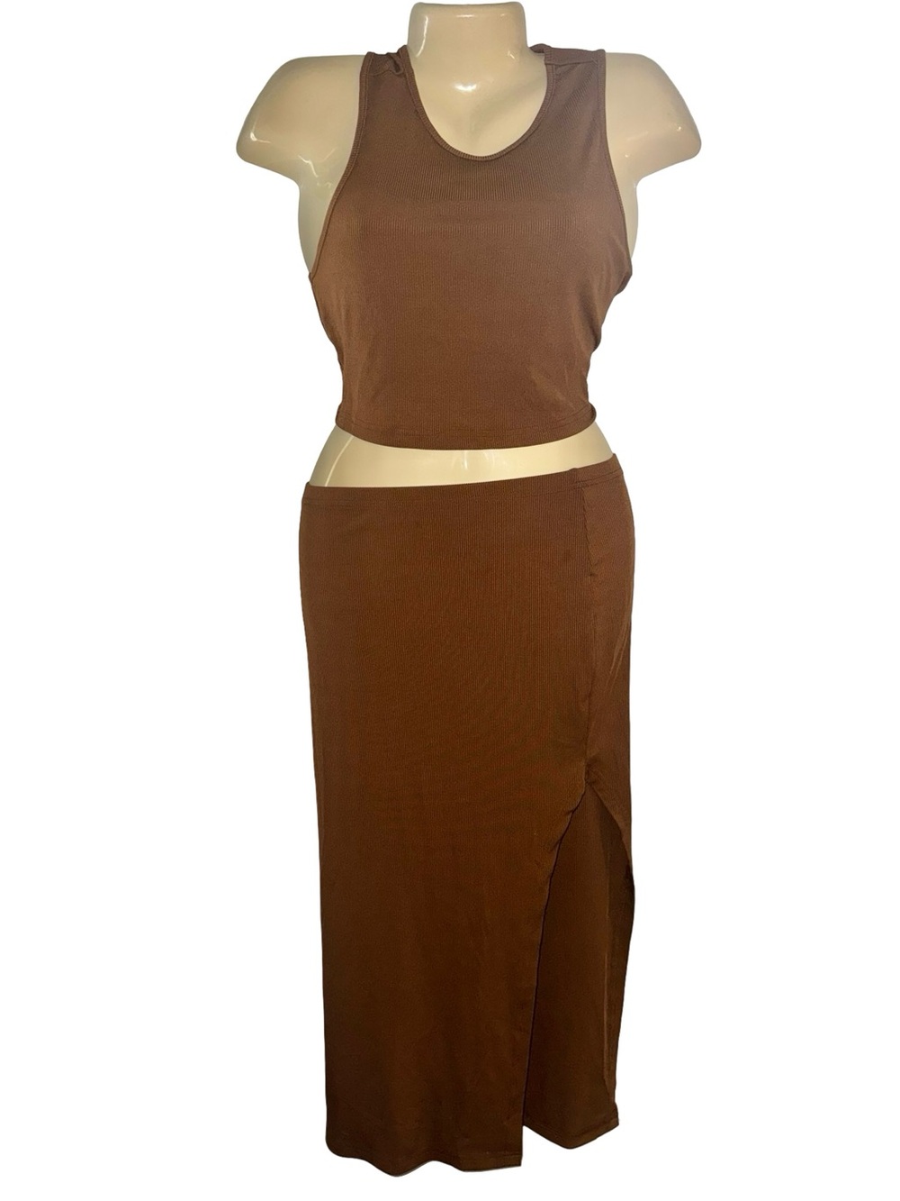 SHEIN Brown Ribbed Midi Skirt Set with Side Slit Crop Tank